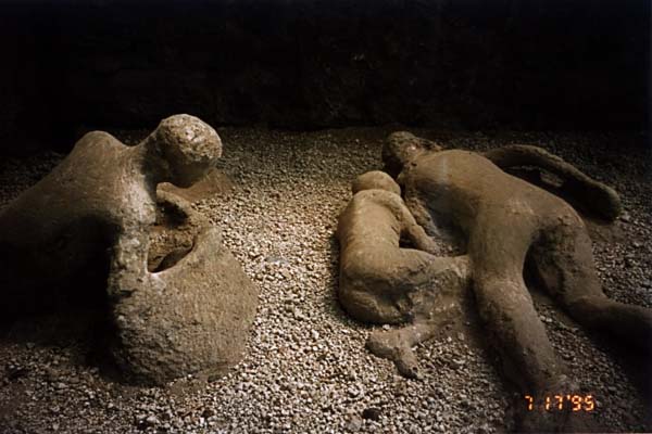 Image of some victims left by Vesuvius which were immortalized when their decomposed bodies left cavities in the hardened ash.