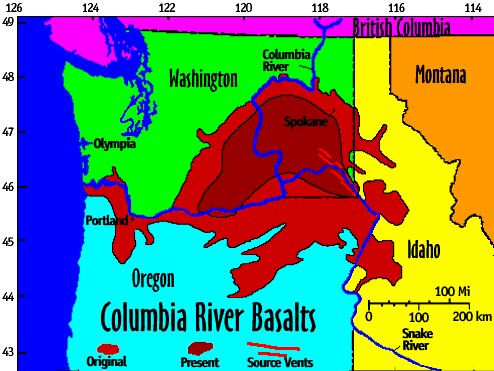 Image of a map showing the Columbia River Basalts.  Please have someone assist you with this.
