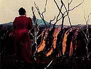 Image of a woman watching lava flow down a hillside.  This image links to a more detailed image.