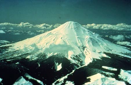 Image of Mount Saint Helens as viewed from the west side (looking up the South Fork of the Toutle River Valley). 