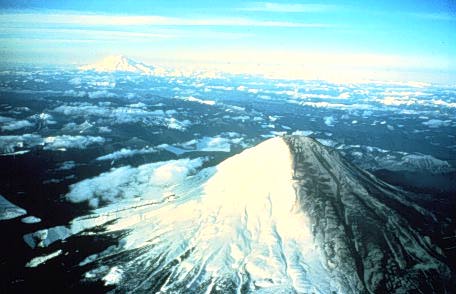 Image of Mount St. Helens showing an  ash-darkened east slope on March 30, 1980.