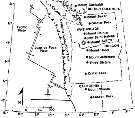 Image of a map showing all the volcanoes on the Cascade Range from northern California to southern Canada.
