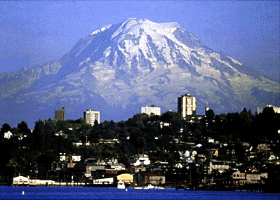 Image of a town with Mt. Rainier in the background.