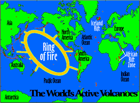 Image of a map showing the world's active volcanoes and the ring of fire.  Please have someone assist you with this.
