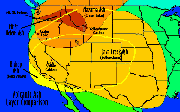 Image of a map showing the volcanic ash layer comparison in the United States.  This image links to a more detailed image.