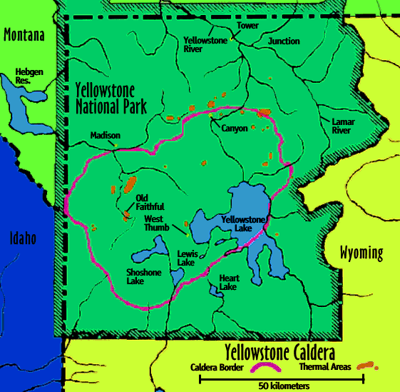 Image of a map showing a caldera in Yellowstone National Park that is some 30 by 50 miles in size.