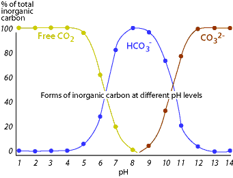 Image of a graph that displays different forms of inorganic carbon at different pH levels.  Please have someone assist you with this.