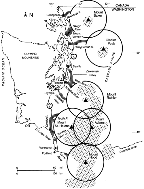 Image of a diagrammatic representation of volcanic hazard zones in the Cascade Range in Washington and northern Oregon.