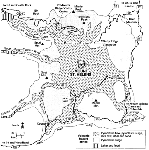 Image of a preliminary volcanic hazards map around the area of Mount St. Helens volcano.